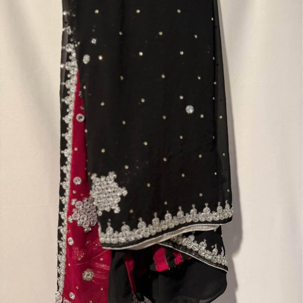 Elegant Black and Red Embellished Saree